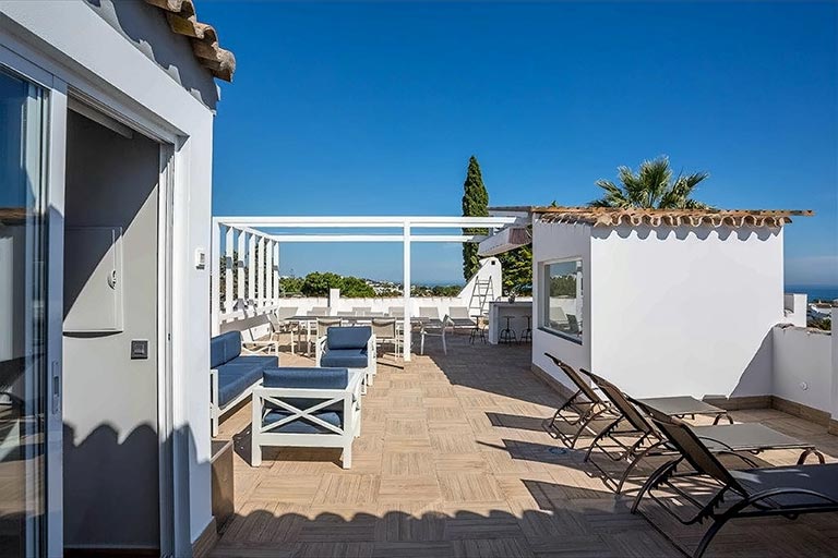 Sunny roof terrace with view of the Mediterranean Sea